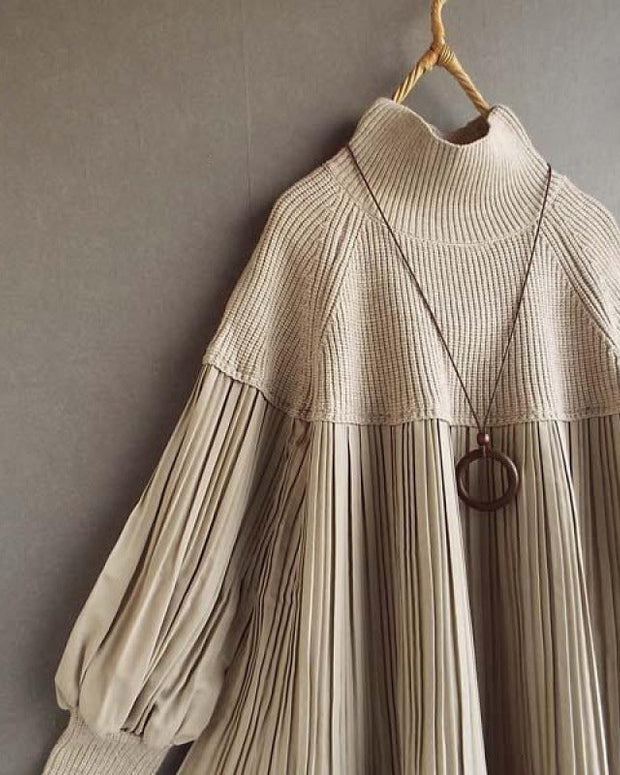 ニットブラウス レディース プリーツ デザイン ハイネック ランタンスリーブ ゆったり シンプル 上品 きれいめ 体型カバー 秋冬 新作 トップス ID1890