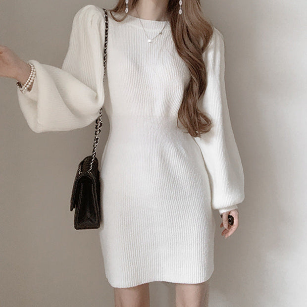 ニットワンピース レディース 長袖 ぽわん袖 ミニ丈 タイト シンプル きれいめ 大人可愛い 秋冬 新作 ID2045
