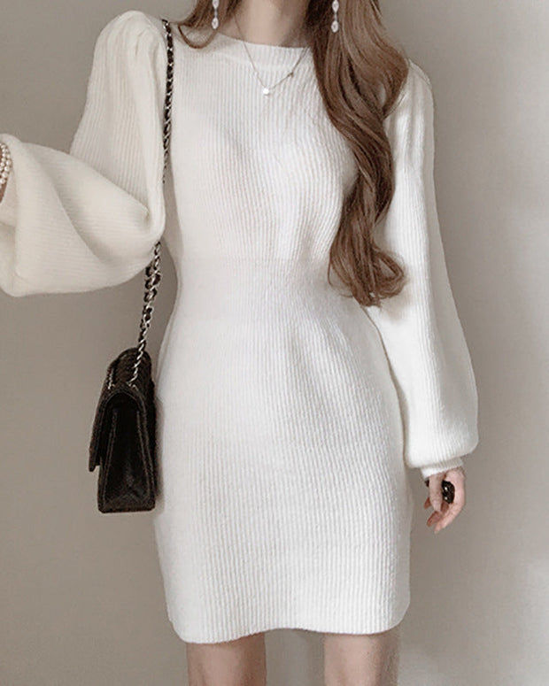 ニットワンピース レディース 長袖 ぽわん袖 ミニ丈 タイト シンプル きれいめ 大人可愛い 秋冬 新作 ID2045