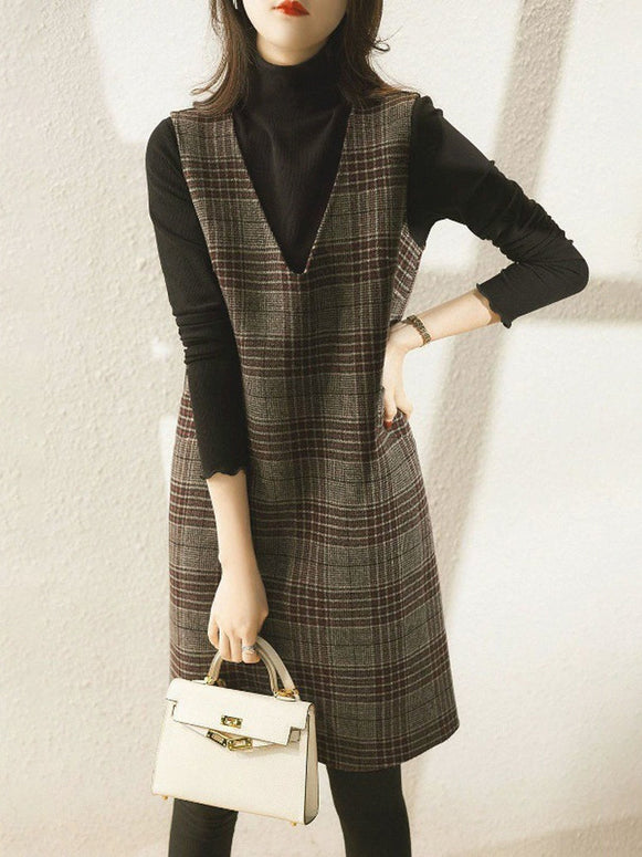 Vネック ジャンパースカート レディース チェック柄 ウール調 ノースリーブ ワンピース 膝丈 きれいめ 上品 通勤 通学 重ね着 秋冬 新作 ID1907