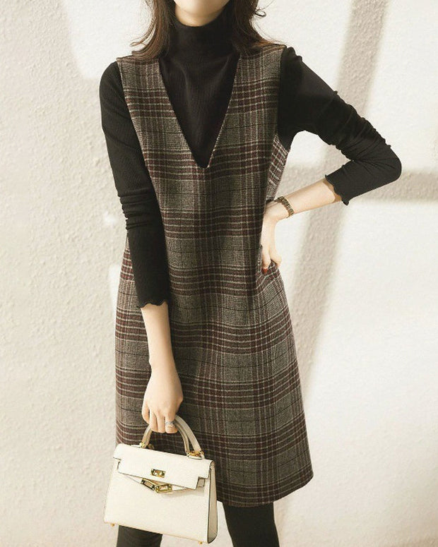 Vネック ジャンパースカート レディース チェック柄 ウール調 ノースリーブ ワンピース 膝丈 きれいめ 上品 通勤 通学 重ね着 秋冬 新作 ID1907