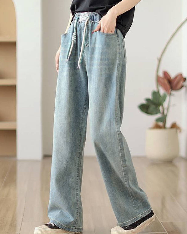 デニムパンツ レディース ワイドパンツ ストレートパンツ テーパード ゆったり ハイウエスト ゴムウエスト ドローストリング カジュアル 体型カバー 通勤 通学 お出かけ 旅行 春夏秋コーデ おしゃれ 大人女子 ID1476