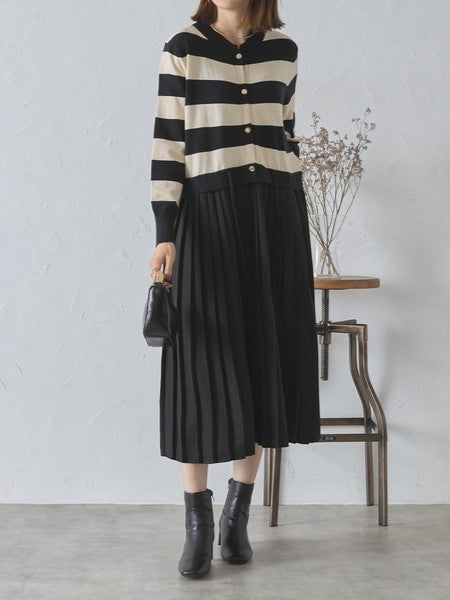 ボーダー ニット ドッキングプリーツ ワンピース 異素材切替 ニットワンピース レディース ウエストドローストリング シフォンプリーツ 長袖 ストライプ柄 上品 きれいめ 体型カバー 大人可愛い 通勤 オフィスカジュアル 秋冬 新作 ID2000