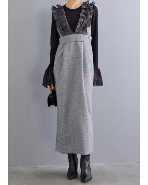 2色展開 フリル 肩紐 ジャンパースカート レディース ロング丈 サロペット ワンピース 上品 きれいめ 大人可愛い 重ね着風 通勤 デート 秋冬 新作 ID1980
