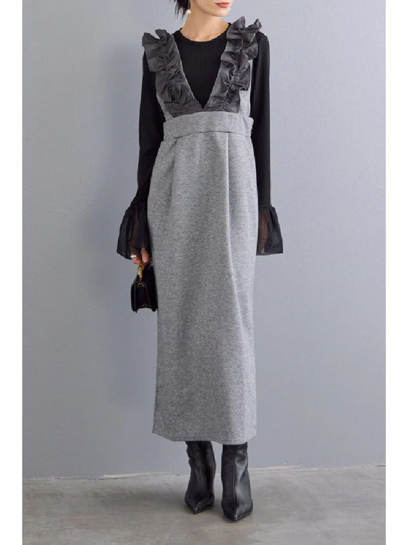 2色展開 フリル 肩紐 ジャンパースカート レディース ロング丈 サロペット ワンピース 上品 きれいめ 大人可愛い 重ね着風 通勤 デート 秋冬 新作 ID1980