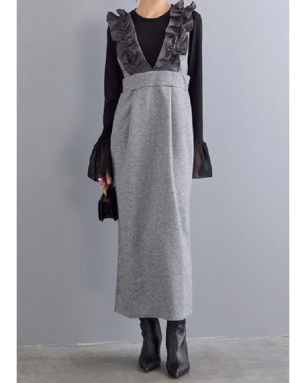 2色展開 フリル 肩紐 ジャンパースカート レディース ロング丈 サロペット ワンピース 上品 きれいめ 大人可愛い 重ね着風 通勤 デート 秋冬 新作 ID1980