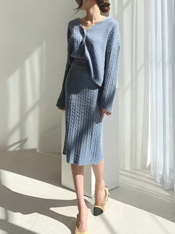 Vネック ニット カーディガン レディース セットアップ ケーブル編み タイトスカート 2点セット フェミニン エレガント 体型カバー 通勤 デート 秋冬新作 ID1722