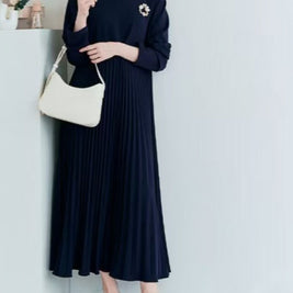 プリーツ ワンピース レディース 長袖 ロング丈 Aライン 体型カバー 上品 エレガント 通勤 フォーマル きれいめ 秋冬 新作 ID2126