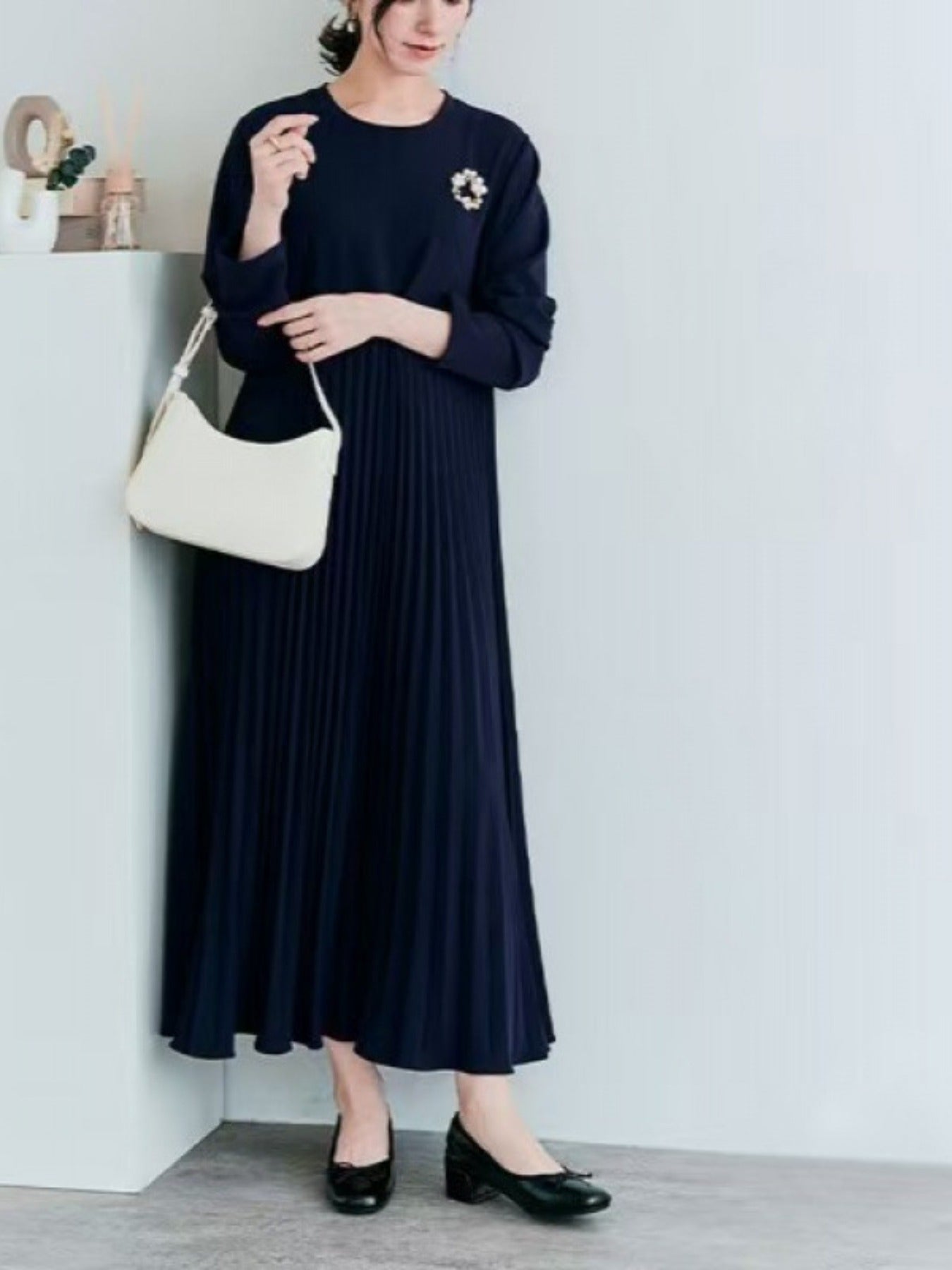 プリーツ ワンピース レディース 長袖 ロング丈 Aライン 体型カバー 上品 エレガント 通勤 フォーマル きれいめ 秋冬 新作 ID2126