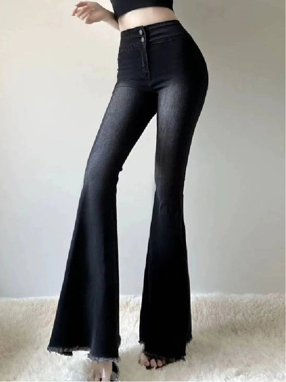 ハイウエスト フレアデニムパンツ レディース 美脚効果 ストレッチ スリムフィット カジュアル 体型カバー 脚長効果 ブラック デニム ジーンズ 秋冬 定番 おしゃれ パンツ ID1536
