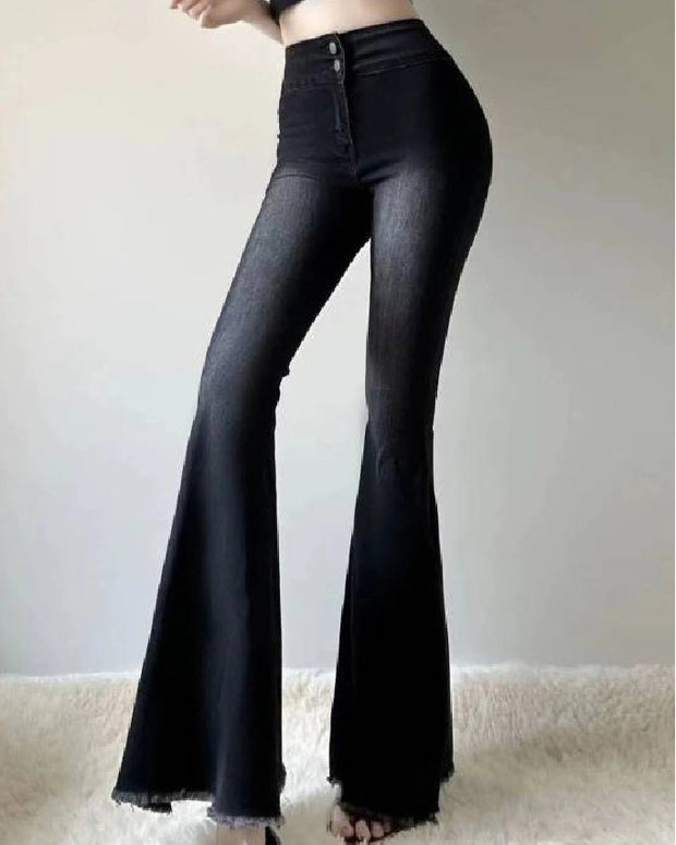 ハイウエスト フレアデニムパンツ レディース 美脚効果 ストレッチ スリムフィット カジュアル 体型カバー 脚長効果 ブラック デニム ジーンズ 秋冬 定番 おしゃれ パンツ ID1536