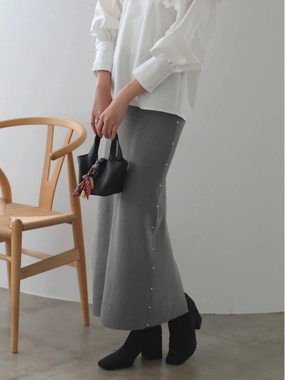 ロングスカート レディース サイドボタン 下スリット ニットスカート 体型カバー シンプル 上品 通勤 カジュアル 秋冬 新作 ID2114
