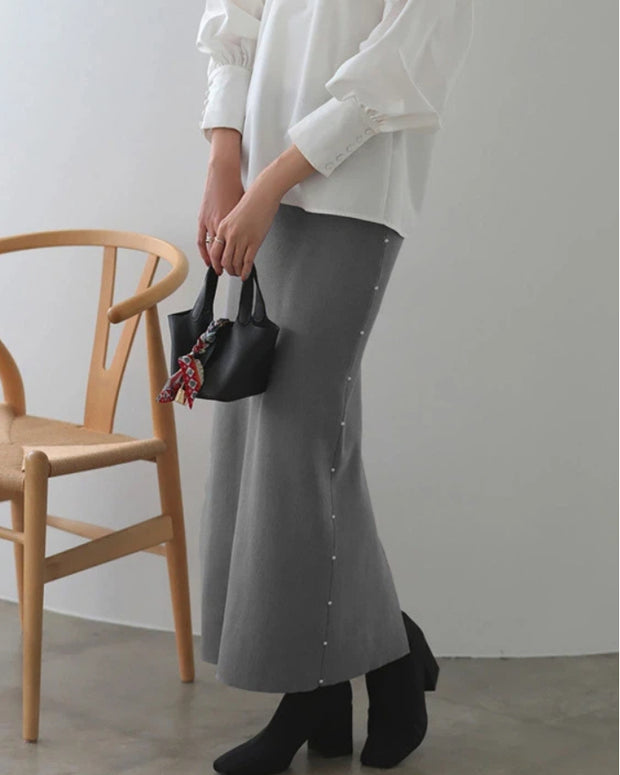 ロングスカート レディース サイドボタン 下スリット ニットスカート 体型カバー シンプル 上品 通勤 カジュアル 秋冬 新作 ID2114