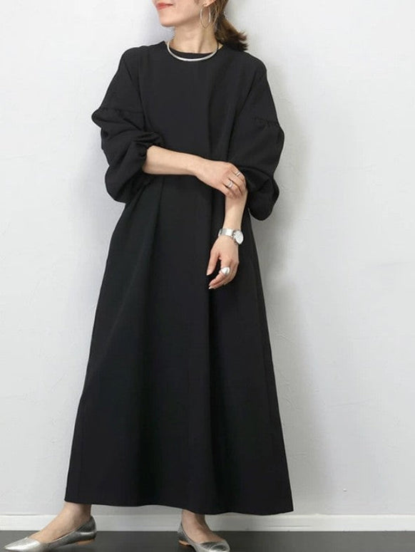 ワンピース レディース ロングワンピース 丸首 長袖 パフスリーブ ゆったり 体型カバー おしゃれ シンプル 通勤 通学 お出かけ デート ママコーデ 春秋 冬まで着回し可能 フォーマルにも対応 ID1631