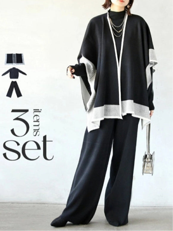 3点セット レディース ニットセットアップ ケープ風カーディガン + 長袖トップス + ワイドパンツ 上下セット 無地 ゆったり シンプル 体型カバー おしゃれ きれいめ 大人カジュアル 通勤 通学 秋冬コーデ 韓国風 ファッション ID1665