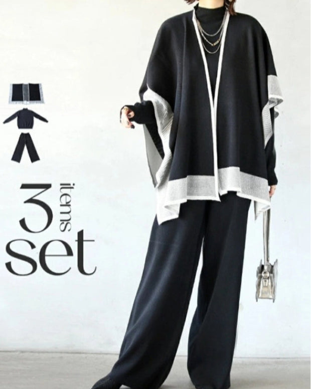 3点セット レディース ニットセットアップ ケープ風カーディガン + 長袖トップス + ワイドパンツ 上下セット 無地 ゆったり シンプル 体型カバー おしゃれ きれいめ 大人カジュアル 通勤 通学 秋冬コーデ 韓国風 ファッション ID1665