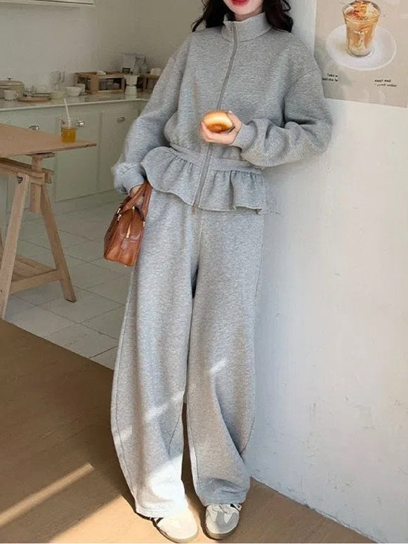 2点セット スウェットセットアップ レディース ジップアップ 長袖 トップス ワイドパンツ 体型カバー 楽ちんカジュアル おしゃれ リラックスコーデ 普段着 部屋着 ルームウェア ID2261