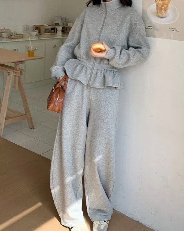 2点セット スウェットセットアップ レディース ジップアップ 長袖 トップス ワイドパンツ 体型カバー 楽ちんカジュアル おしゃれ リラックスコーデ 普段着 部屋着 ルームウェア ID2261