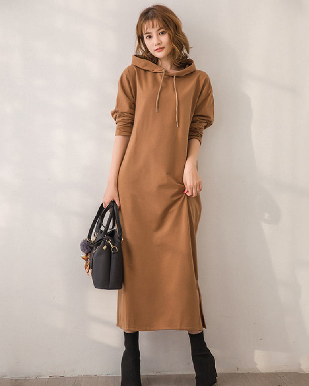 4色展開 スウェットワンピース レディース 長袖 ロング丈 フード付き ゆったり 体型カバー カジュアル 楽ちん 秋冬 ID1438