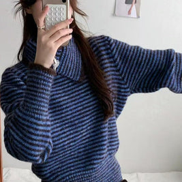 ボーダー タートルネック ニット レディース ゆったり ルーズフィット 長袖 暖かい 柔らかい 体型カバー レトロ カジュアル 秋冬 新作 ID2124