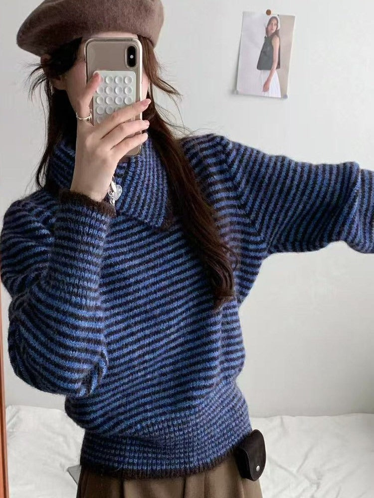 ボーダー タートルネック ニット レディース ゆったり ルーズフィット 長袖 暖かい 柔らかい 体型カバー レトロ カジュアル 秋冬 新作 ID2124