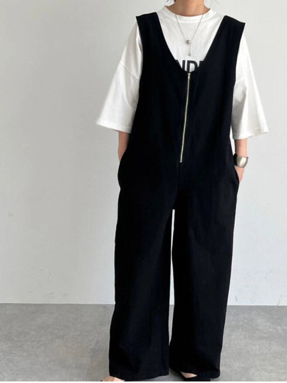 【フロントジップ】無地 Vネック ファスナー ポケット オールインワン サロペット レディース 定番 おすすめ おしゃれ 大人カジュアル 2025秋冬 ID1375