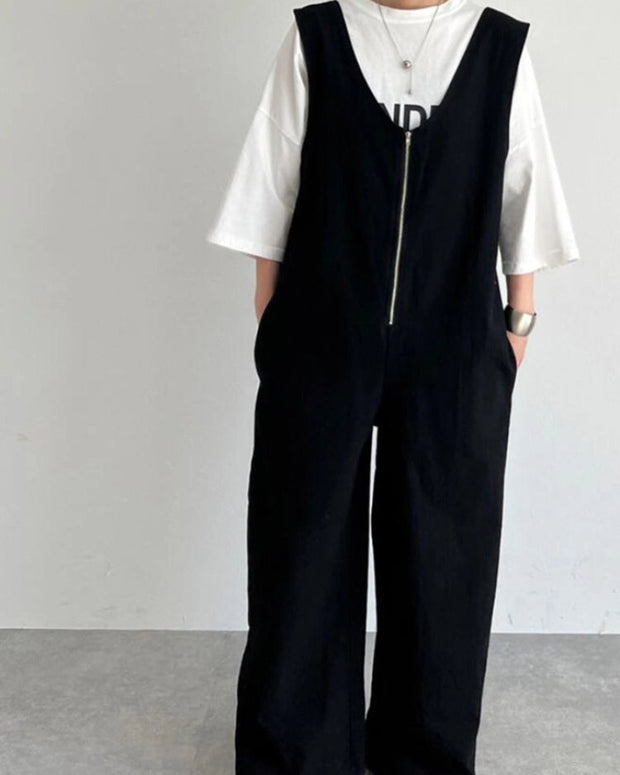 【フロントジップ】無地 Vネック ファスナー ポケット オールインワン サロペット レディース 定番 おすすめ おしゃれ 大人カジュアル 2025秋冬 ID1375