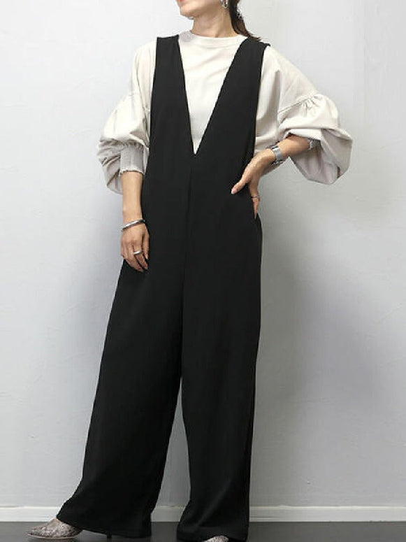 ダブルクロス深Vサロペット レディース Vネック オールインワン ワイドパンツ ゆったり 体型カバー カジュアル 通勤 お出かけ 春夏秋新作 ID1318