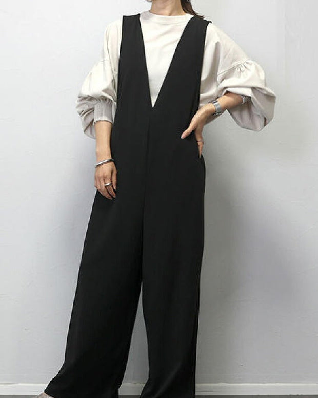 ダブルクロス深Vサロペット レディース Vネック オールインワン ワイドパンツ ゆったり 体型カバー カジュアル 通勤 お出かけ 春夏秋新作 ID1318