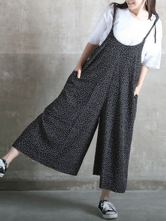 【633】「この夏絶対使える」ドット柄 ワイドパンツ オールインワン レディース サロペット 九分丈 ゆったり ワンピース風 カジュアル 夏 新作