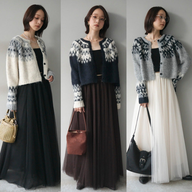 「今だけこの価格」2点セット フェアアイル柄 ニットカーディ チュールロングスカート レディース ふわっと上品 シンプル 大人可愛い 体型カバー 着回し 秋冬新作 ID2246