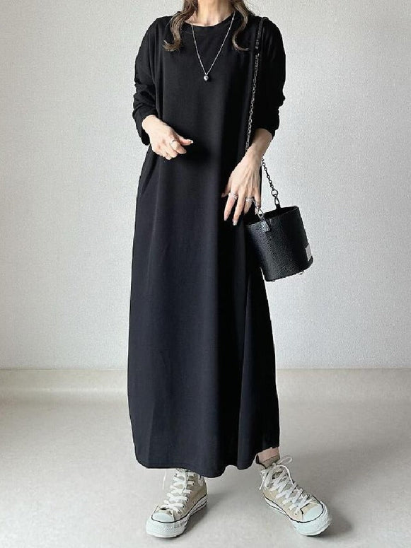 レディース ワンピース ロング 長袖 丸首 ゆったり 体型カバー シンプル カジュアル 部屋着 外出着 通勤 通学 春秋冬対応 単品着用可 ID1316