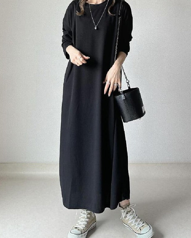 レディース ワンピース ロング 長袖 丸首 ゆったり 体型カバー シンプル カジュアル 部屋着 外出着 通勤 通学 春秋冬対応 単品着用可 ID1316