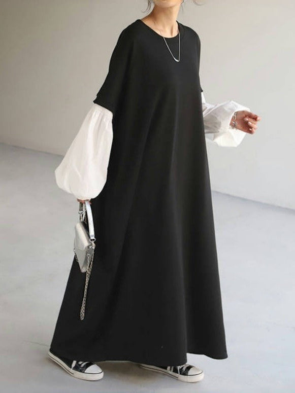 2色展開 バルーンスリーブ ワンピース レディース ドッキング 長袖 ゆったり 体型カバー カジュアル ロング丈 春秋 新作 ID1261