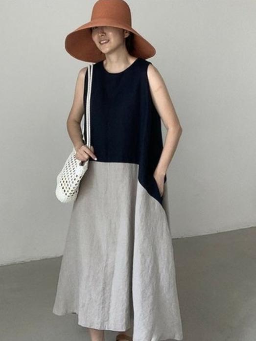 【631】クルーネック バイカラー切り替え ゆったり ロングフレアワンピース レディース ノースリーブ 綿麻素材 体型カバー 夏 カジュアル 大人可愛い