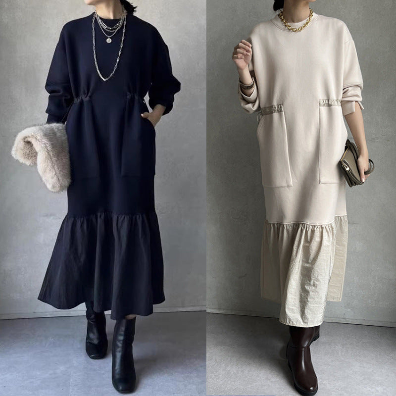 「今年最後の大チャンス」レイヤード風 ワンピース ゆったり シンプル 体型カバー 異素材切り替え ロング丈 大人カジュアル 秋冬 レディース ワンピース ID2245