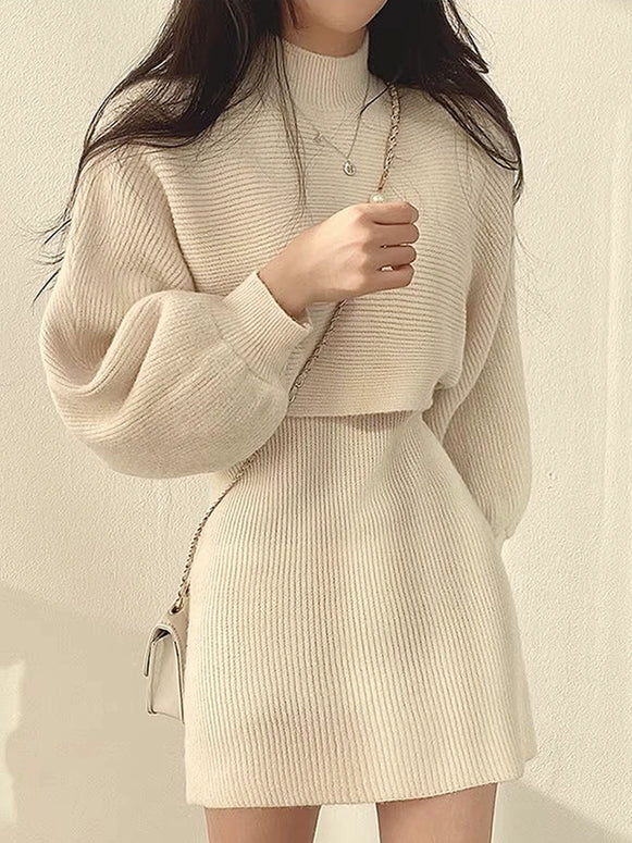 セットアップ ニットトップス + ノースリーブ リブワンピース レディース 2点セット 秋冬 きれいめ ショート丈スカート ID2200