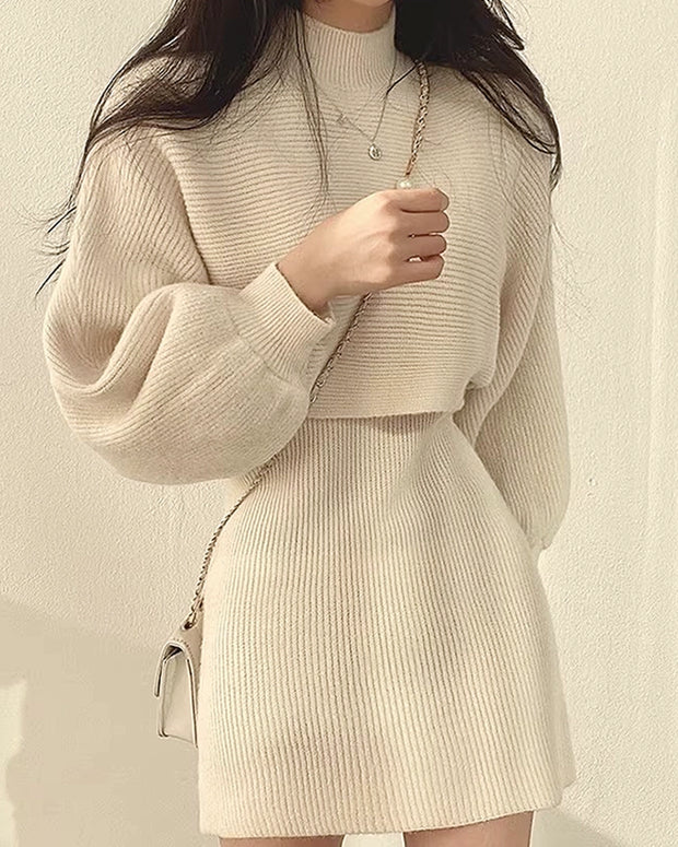 セットアップ ニットトップス + ノースリーブ リブワンピース レディース 2点セット 秋冬 きれいめ ショート丈スカート ID2200