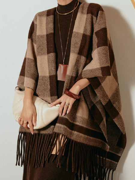 保温 ニット チェック フリンジ マフラー ロング アウター ポンチョ マーメイド レディース おしゃれ トレンド 素材 着心地 快適 上品 大人 女性 エレガント 洗練 フォーマル 都市 テイスト 防寒 ID2008