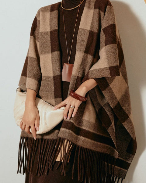 保温 ニット チェック フリンジ マフラー ロング アウター ポンチョ マーメイド レディース おしゃれ トレンド 素材 着心地 快適 上品 大人 女性 エレガント 洗練 フォーマル 都市 テイスト 防寒 ID2008