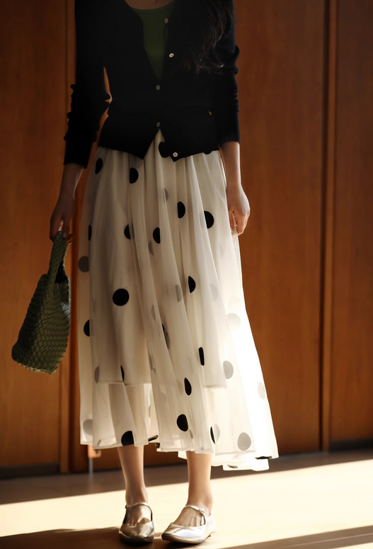【466】ドット柄 チュールスカート レディース モノトーン 黒白 ウエストゴム ロング丈 ふんわりシルエット 体型カバー 大人可愛い 2025春夏新作