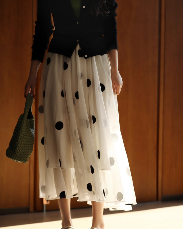 【466】ドット柄 チュールスカート レディース モノトーン 黒白 ウエストゴム ロング丈 ふんわりシルエット 体型カバー 大人可愛い 2025春夏新作