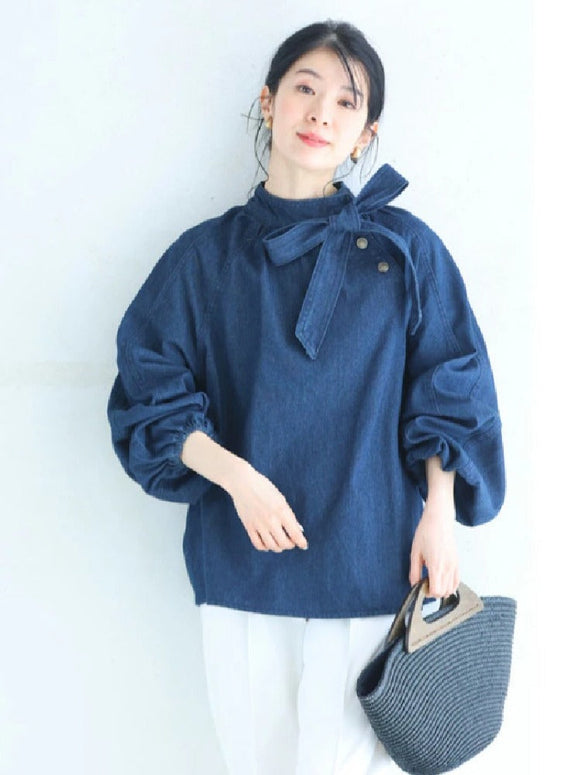 リボン デニムシャツ レディース 抜き襟 デニム トップス ブルゾン 体型カバー 大きいサイズ 長袖  カジュアル シャツ おしゃれ 春 秋 可愛い ID1794
