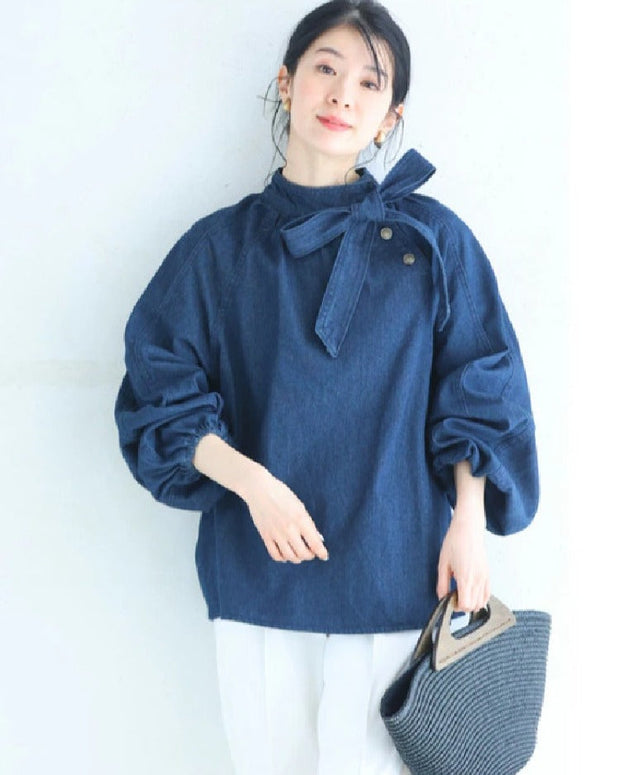 リボン デニムシャツ レディース 抜き襟 デニム トップス ブルゾン 体型カバー 大きいサイズ 長袖  カジュアル シャツ おしゃれ 春 秋 可愛い ID1794