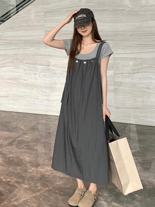 【624】「タイムセール中！」2点セット サロペットスカート＋半袖Tシャツ レディース サイドポケット付き ゆったり ロング丈 ランダムボタン 調節可能ストラップ カジュアル 夏