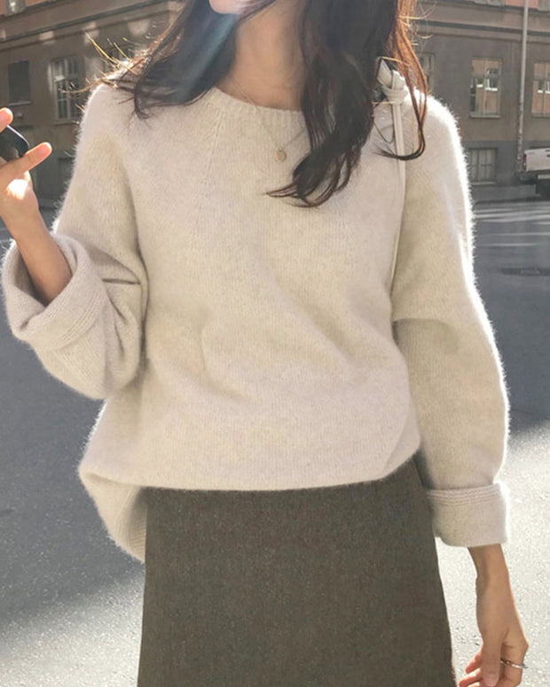 ニット セーター レディース クルーネック 長袖 ふんわり 柔らかい 洗練 シンプル きれいめ 大人カジュアル 秋冬 通勤 通学 デイリーコーデ 防寒 ゆったり トップス ID2228