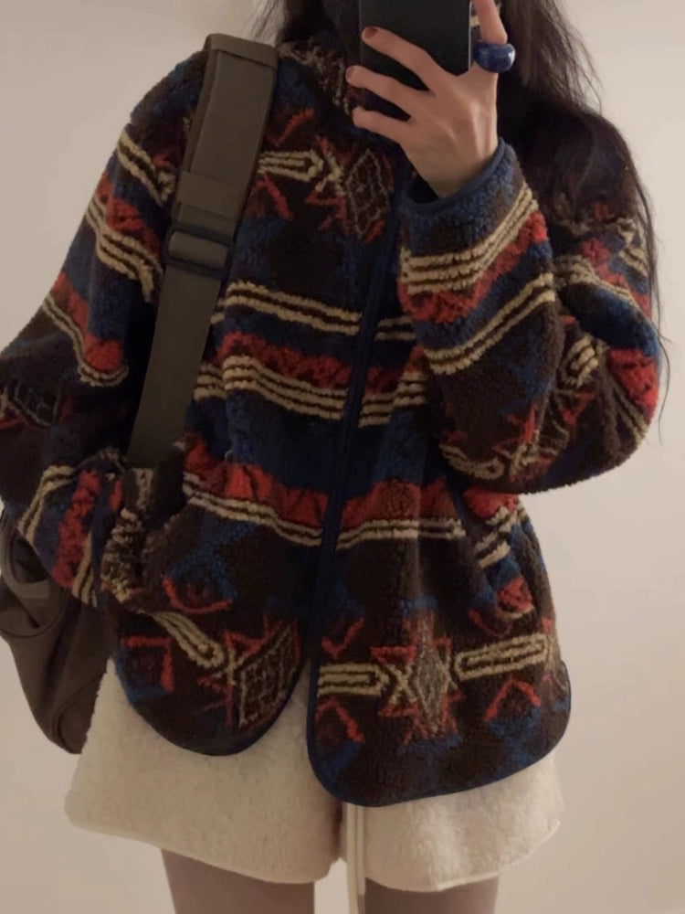 ネイティブ柄 ボア ジャケット レディース 暖かい ゆったり カジュアル アウター 秋冬 防寒 おしゃれ 体型カバー ID2278
