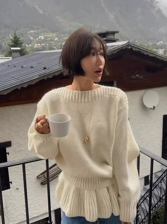 ペプラム風 ニット セーター レディース 取り外し可能 裾フリル デザイン 体型カバー ゆったり 可愛い 秋冬 トップス おしゃれ カジュアル 通勤コーデ デイリー 防寒 暖かい ID2207