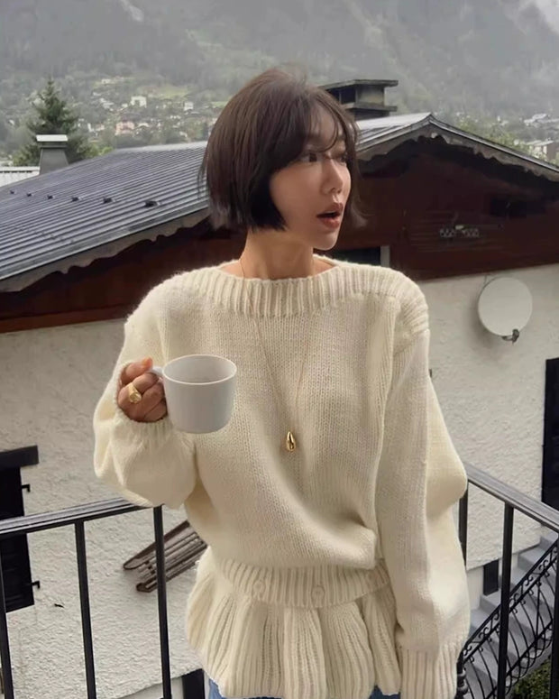 ペプラム風 ニット セーター レディース 取り外し可能 裾フリル デザイン 体型カバー ゆったり 可愛い 秋冬 トップス おしゃれ カジュアル 通勤コーデ デイリー 防寒 暖かい ID2207