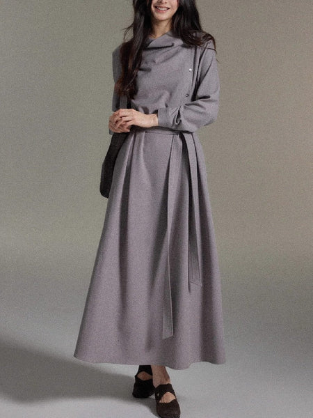 ウエストベルト付き アシンメトリー ワンピース レディース ロング丈 シンプル 上品 大人可愛い きれいめ 通勤 デート 秋冬 新作 ID2038